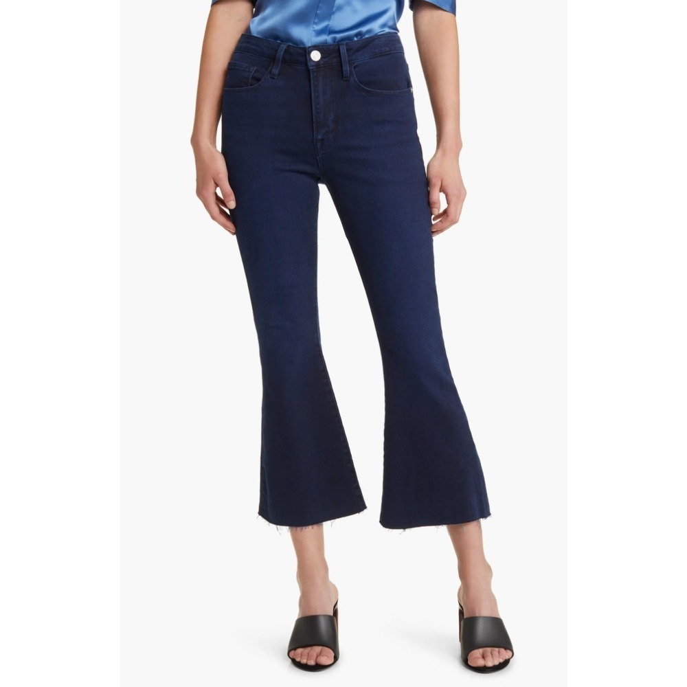 Frame Le Crop Flare Mid High Rise Raw Hem Jeans Fiona Deep Indigo Blue Size 28